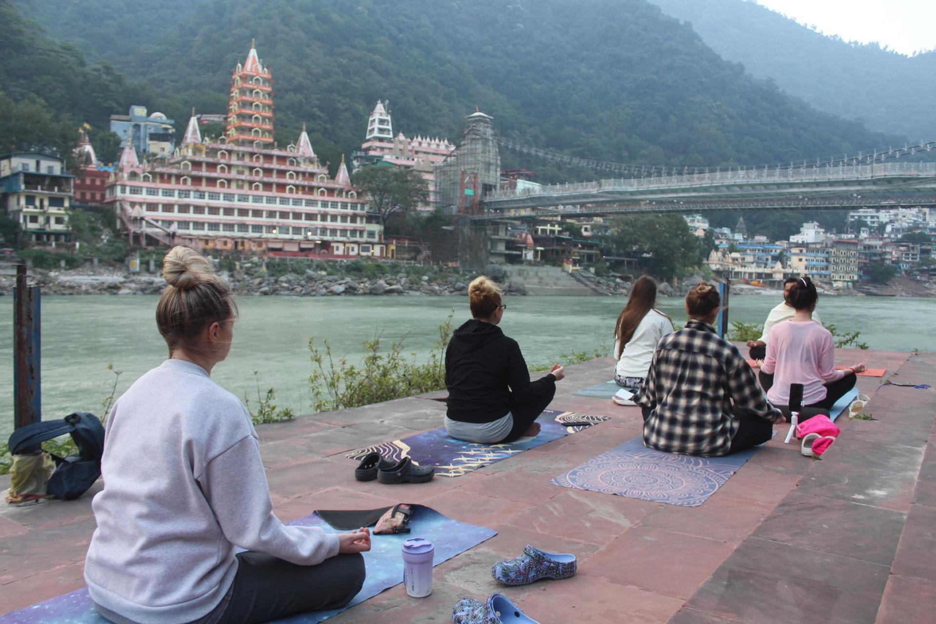 Morning yoga practice overlooking the Himalayas